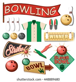 Bowling Equipment Set. Retro Flat Icons Collection. Vector Illustration. Vintage Style.