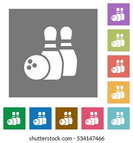 Bowling flat icons on simple color square background.