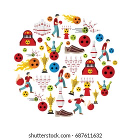 Bowling flat icons set on circle. Bowling sport vector illustration for design and web isolated on white background. 