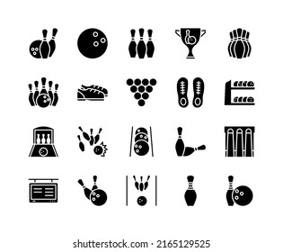 Bowling flat line icons set. Sport game - skittles with ball. Simple flat vector illustration for web site or mobile app.