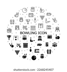 Bowling flat line icons set. Sport game - skittles with ball. Simple flat vector illustration for web site or mobile app