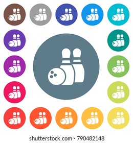 Bowling flat white icons on round color backgrounds. 17 background color variations are included.