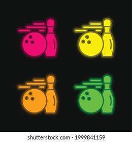 Bowling four color glowing neon vector icon