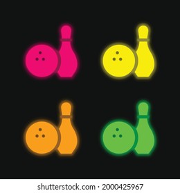 Bowling four color glowing neon vector icon