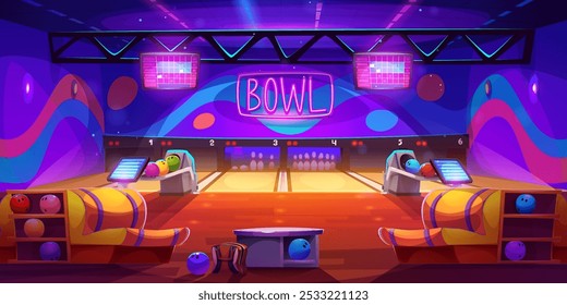 Bowling game alley. Empty play club with lane for ball. Indoor leisure interior for tournament with skittles equipment panoramic illustration. Wooden floor and neon led lamp in modern building