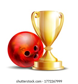 Bowling Game Award. Bowling Ball and Golden Cup. Modern Tournament. Design Element For Sport Promotion booklet or Bowling Competition League Flyer. Vector illustration isolated on white