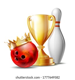 Bowling Game Award. Bowling Ball with golden crown and Golden Cup. Modern Tournament. Design Element For Sport Promotion booklet or Bowling Competition League Flyer.
