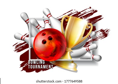 Bowling Game Award. Bowling Ball with and white bowling pin and Golden Cup. Modern Tournament. Design Element For Sport Promotion booklet or Bowling Competition League Flyer.