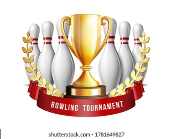 Bowling Game Award. Bowling Ball with and white bowling pin and Golden Cup. Modern Tournament. Design Element For Sport Promotion booklet or Bowling Competition League Flyer.