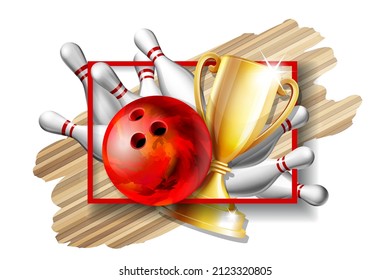 Bowling Game Award. Bowling Ball with and white bowling pin and Golden Cup. Modern Tournament. Design Element For Sport Promotion booklet or Bowling Competition League Flyer.