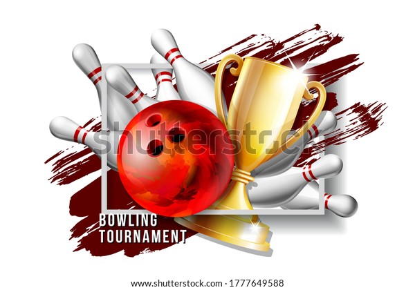 Bowling Game Award.\
Bowling Ball with and white bowling pin and Golden Cup. Modern\
Tournament. Design Element For Sport Promotion booklet or Bowling\
Competition League\
Flyer.