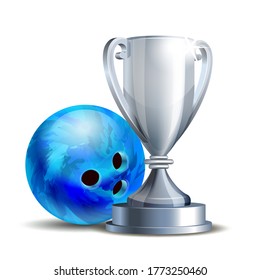 Bowling Game Award. Blue Bowling Ball and Silver Cup. Modern Tournament. Design Element For Sport Promotion booklet or Bowling Competition League Flyer. Vector illustration isolated on white