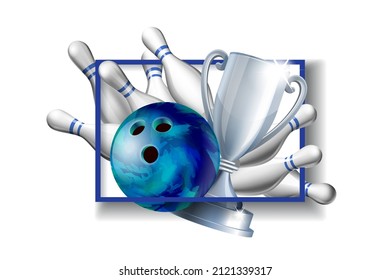 Bowling Game Award. Blue Bowling Ball with and white bowling pin and Silver Cup. Modern Tournament. Design Element For Sport Promotion booklet or Bowling Competition League Flyer.