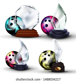 Bowling Game Award Set Vector. Bowling Ball, Glass Trophy. Modern Bowling Tournament. Design For Sport Promotion. Certificate, Diploma. Sport Event Announcement Banner Advertising Template Illustratio
