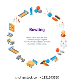 Bowling Game Banner Card Circle Isometric View Include of Ball, Strike, Skittle and Shoe. Vector illustration