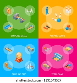 Bowling Game Banner Set Isometric View Include of Ball, Strike, Skittle and Shoe. Vector illustration