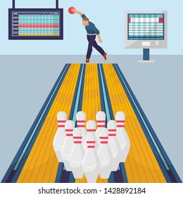 Bowling game banner template. Vector flat design illustration of bowler player with ball and skittles on bowling alley in a sport club with result monitors.