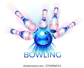 Bowling game with blue ball and a rainbow effect on pins, hand-drawn vector illustration with transparencies