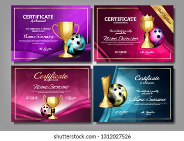 Bowling Game Certificate Diploma With Golden Cup Set Vector. Sport Award Template. Achievement Design. Honor Background. A4 Horizontal. Graduation. Elegant Document. Champion. Illustration