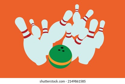Bowling game, green ball breaks white with red stripes bowling pins. Vector illustration in a flat style.