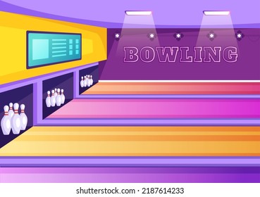 Bowling Game Hand Drawn Cartoon Flat Background Design Illustration with Pins, Balls and Scoreboards in a Sport Club or Activity Competition