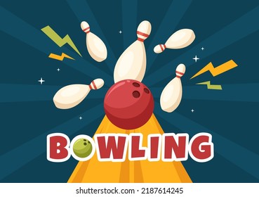 Bowling Game Hand Drawn Cartoon Flat Background Design Illustration with Pins, Balls and Scoreboards in a Sport Club or Activity Competition