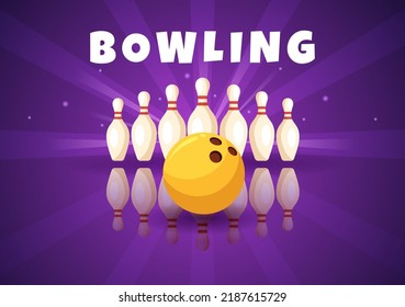 Bowling Game Hand Drawn Cartoon Flat Background Design Illustration with Pins, Balls and Scoreboards in a Sport Club or Activity Competition