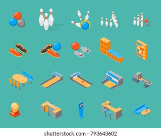 Bowling Game Icons Set Isometric View on a Blue Background Include of Ball, Strike, Skittle and Shoe. Vector illustration