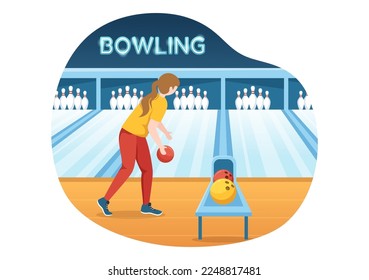 Bowling Game Illustration with Pins, Balls and Scoreboards in a Sport Club for Web Banner or Landing Page in Flat Cartoon Hand Drawn Templates