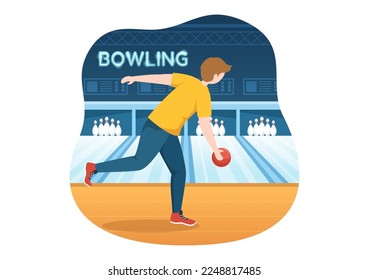 Bowling Game Illustration with Pins, Balls and Scoreboards in a Sport Club for Web Banner or Landing Page in Flat Cartoon Hand Drawn Templates