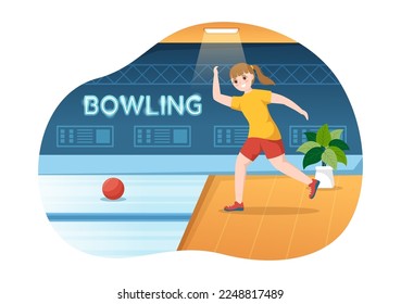 Bowling Game Illustration with Pins, Balls and Scoreboards in a Sport Club for Web Banner or Landing Page in Flat Cartoon Hand Drawn Templates