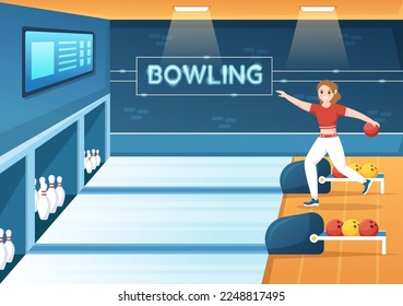 Bowling Game Illustration with Pins, Balls and Scoreboards in a Sport Club for Web Banner or Landing Page in Flat Cartoon Hand Drawn Templates