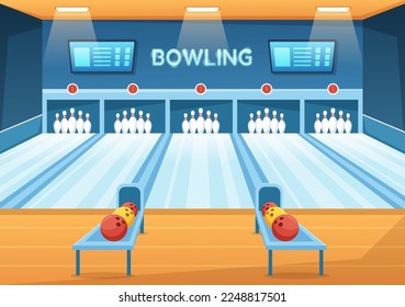 Bowling Game Illustration with Pins, Balls and Scoreboards in a Sport Club for Web Banner or Landing Page in Flat Cartoon Hand Drawn Templates