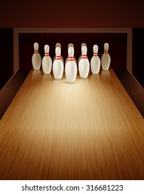 Bowling game with bowling lane ten pins and ball realistic vector illustration 