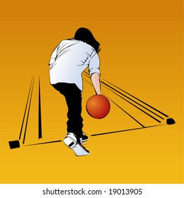 bowling game, a man throws a ball