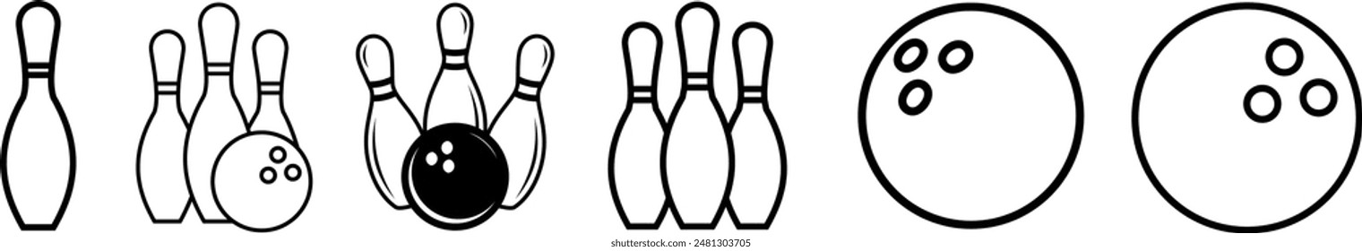 Bowling game Pin Icon vector isolated on white background. Bowling icon, ball and pin. Bowling Outline, Sports Vector illustration Line Art. ball game line with the pins.