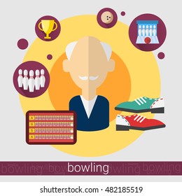 Bowling Game Player Senior Man Icon Flat Vector Illustration