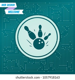 bowling game round ball icon on a green background, with arrows in different directions. It appears on the electronic board. Vector illustration