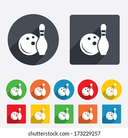 Bowling game sign icon. Ball with pin skittle symbol. Circles and rounded squares 12 buttons. Vector
