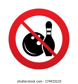 Bowling game sign icon. Ball with pin skittle symbol. Red prohibition sign. Stop symbol. Vector