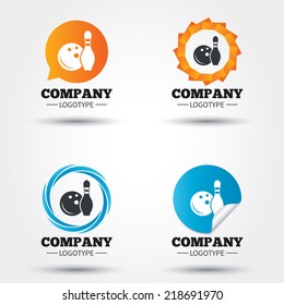 Bowling game sign icon. Ball with pin skittle symbol. Business abstract circle logos. Icon in speech bubble, wreath. Vector