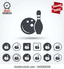 Bowling game sign icon. Ball with pin skittle symbol. Circle, star, speech bubble and square buttons. Award medal with check mark. Thank you ribbon. Vector