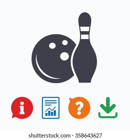 Bowling game sign icon. Ball with pin skittle symbol. Information think bubble, question mark, download and report.