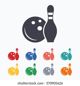 Bowling game sign icon. Ball with pin skittle symbol. Colored flat icons on white background.