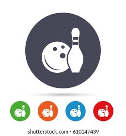 Bowling game sign icon. Ball with pin skittle symbol. Round colourful buttons with flat icons. Vector