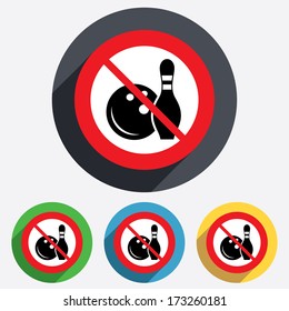 Bowling game sign icon. Do not play. Ball with pin skittle symbol. Red circle prohibition sign. Stop flat symbol. Vector
