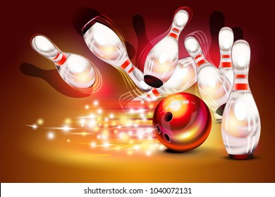 Bowling game strike over dark red background, red bowling ball crashing into the pins