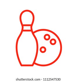 Bowling game symbol, pin and ball line style red color simple icon, vector illustration isolated on white background