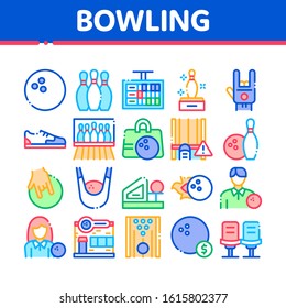 Bowling Game Tools Collection Icons Set Vector. Bowling Ball and Skittle, Building And Stool, Scoreboard And Shoe, Player And Hand Gesture Concept Linear Pictograms. Color Contour Illustrations