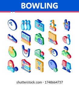 Bowling Game Tools Collection Icons Set Vector. Bowling Ball and Skittle, Building And Stool, Scoreboard And Shoe, Player And Hand Gesture Isometric Illustrations